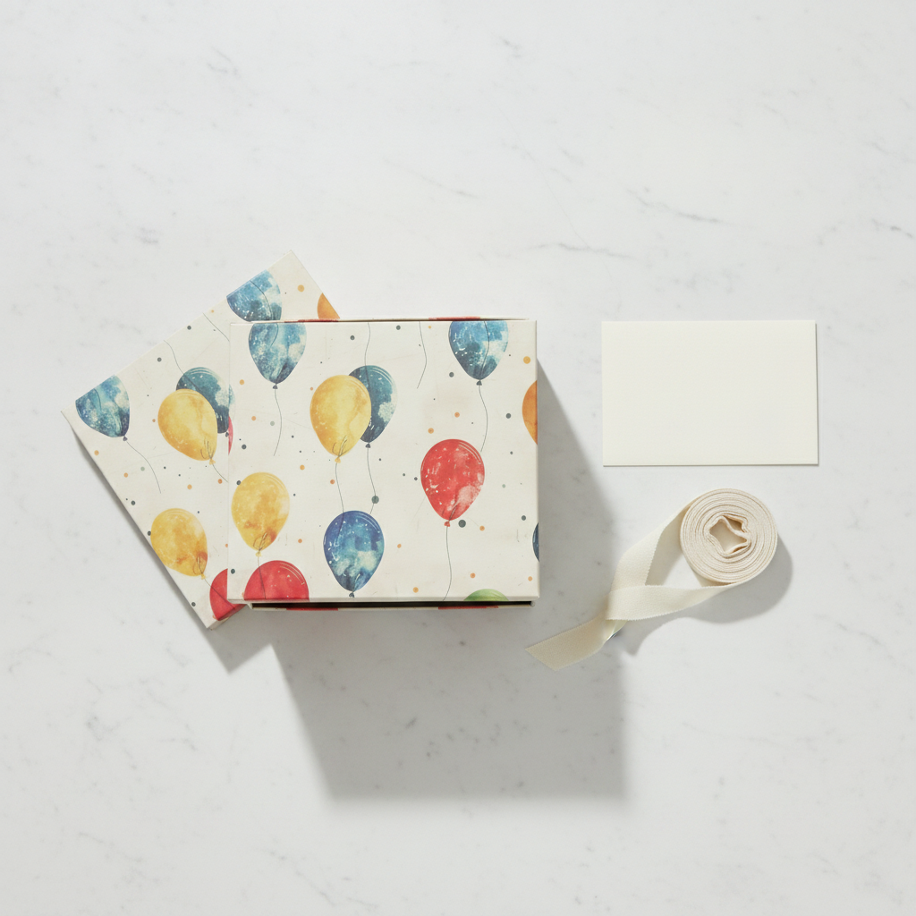 Balloon-print gift box flat-lay with greeting card and ribbon on marble