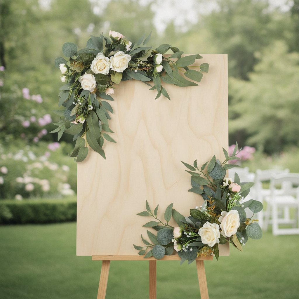 White rose floral swags on a wooden wedding welcome sign