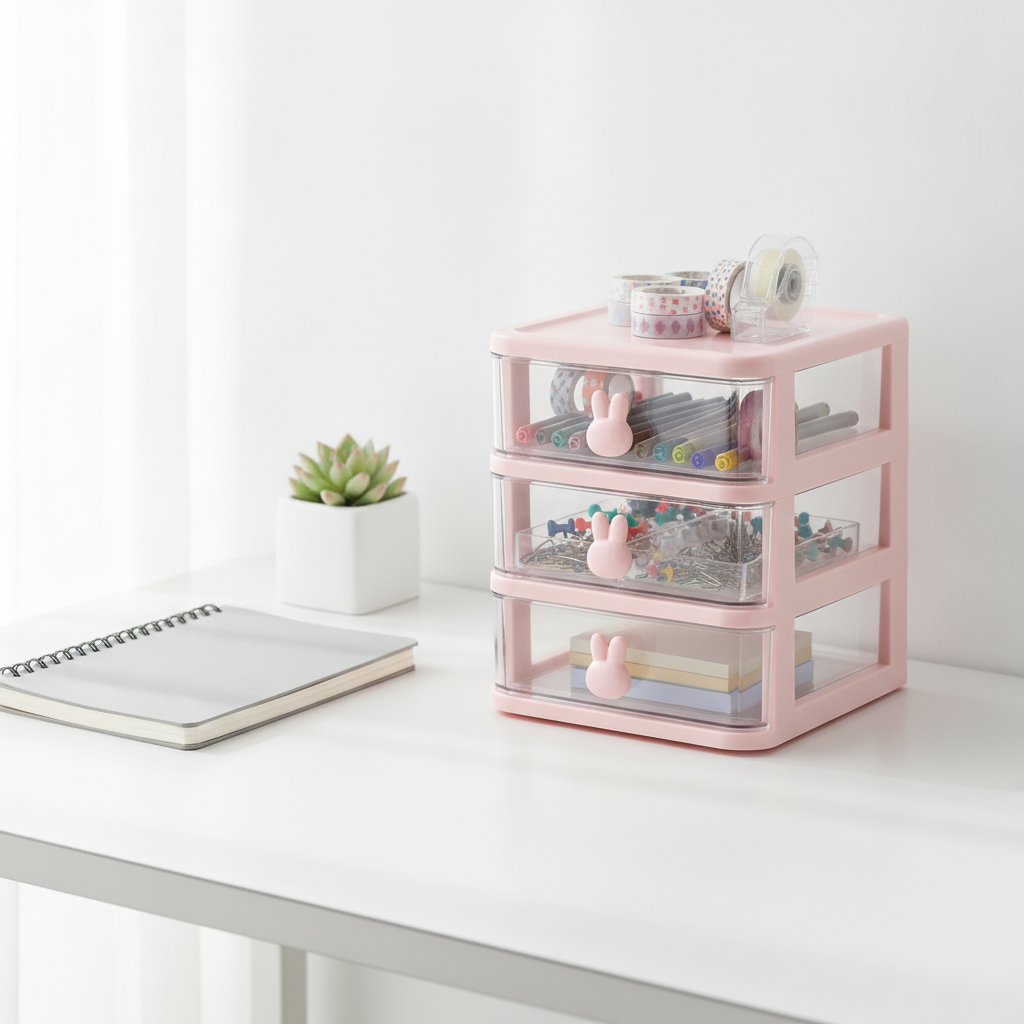 Clear plastic drawer organizer on a tidy desk holding stationery