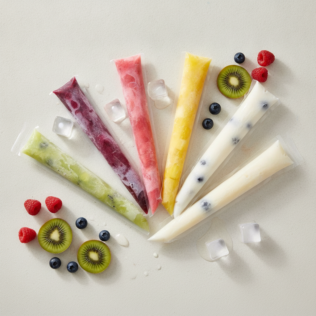 Flat-lay of clear popsicle mold bags filled with colorful fruit ice-pops and fresh berries