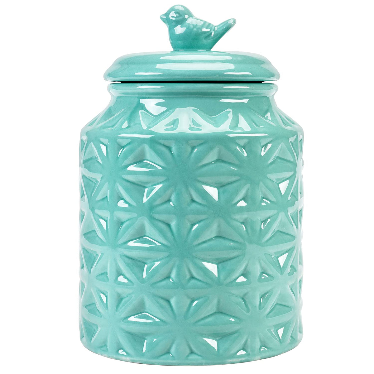 Turquoise ceramic cookie jar with embossed star pattern and bird-shaped lid handle