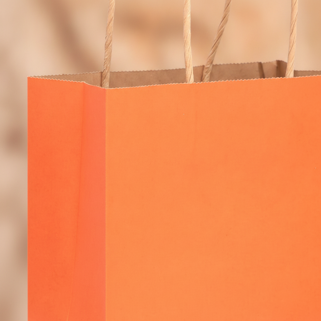 Close-up of orange kraft gift bag texture and twisted paper handle
