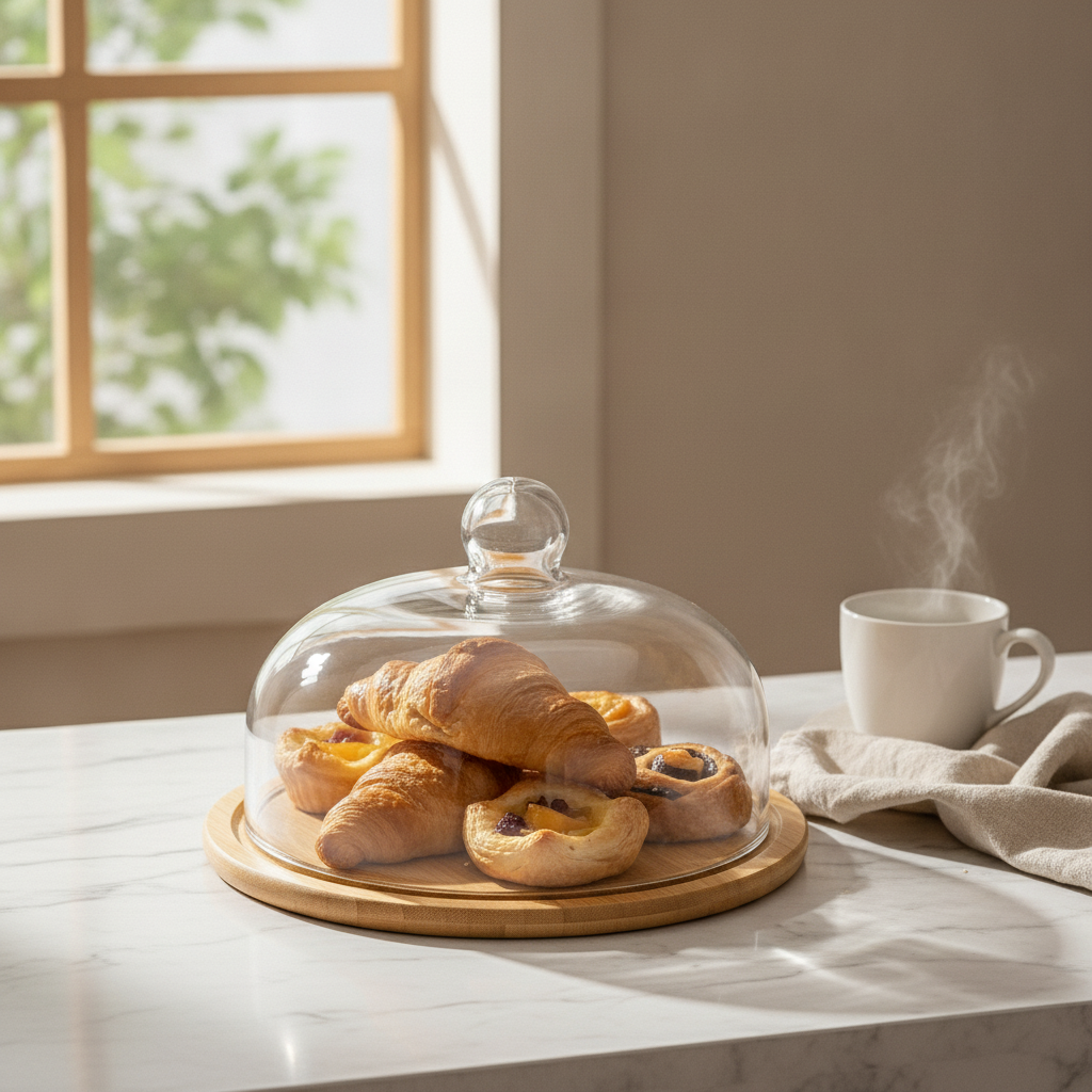 Glass dome fruit server on bamboo base covering croissants on a marble counter