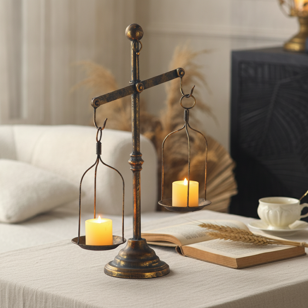 Balance-scale candle holder with lit block candles on a linen table with a teacup and book
