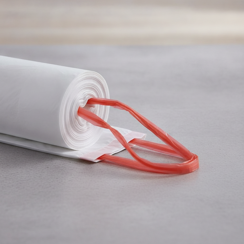 Close-up of the red reinforced drawstring on a white trash bag — Maison's Kitchen