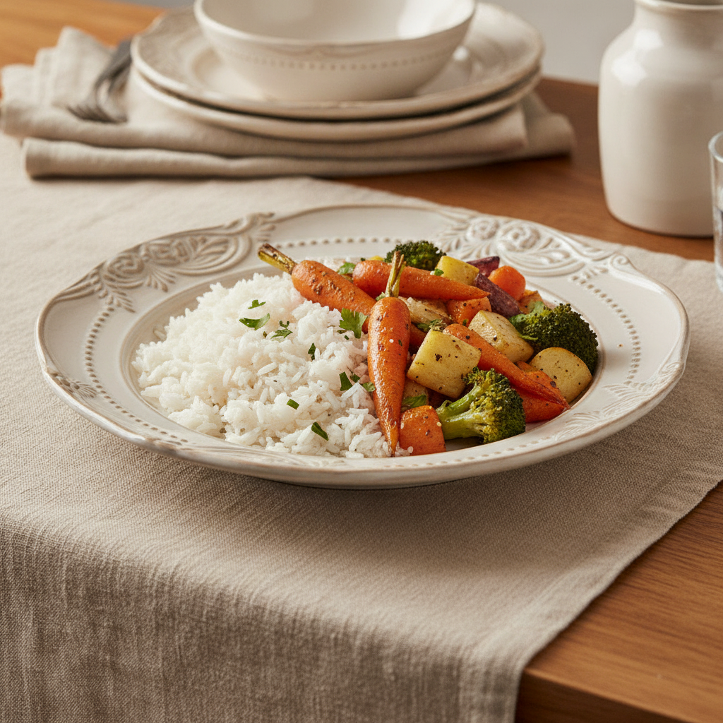 Cream embossed-relief ceramic plate with rice and roasted vegetables on linen
