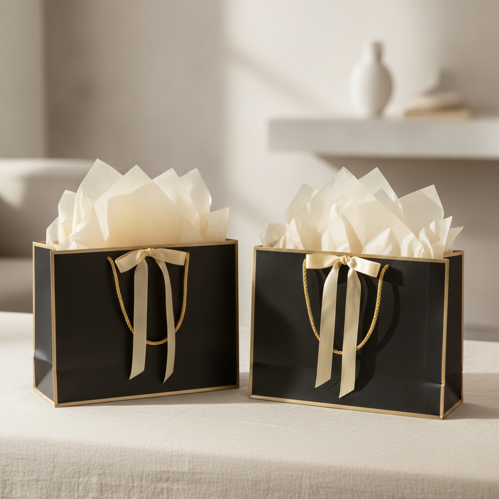 Two black gold-trim gift bags with cream tissue on a linen surface