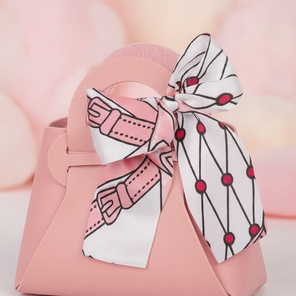 Close-up of pink leather handbag favor box silk scarf bow and curved handle