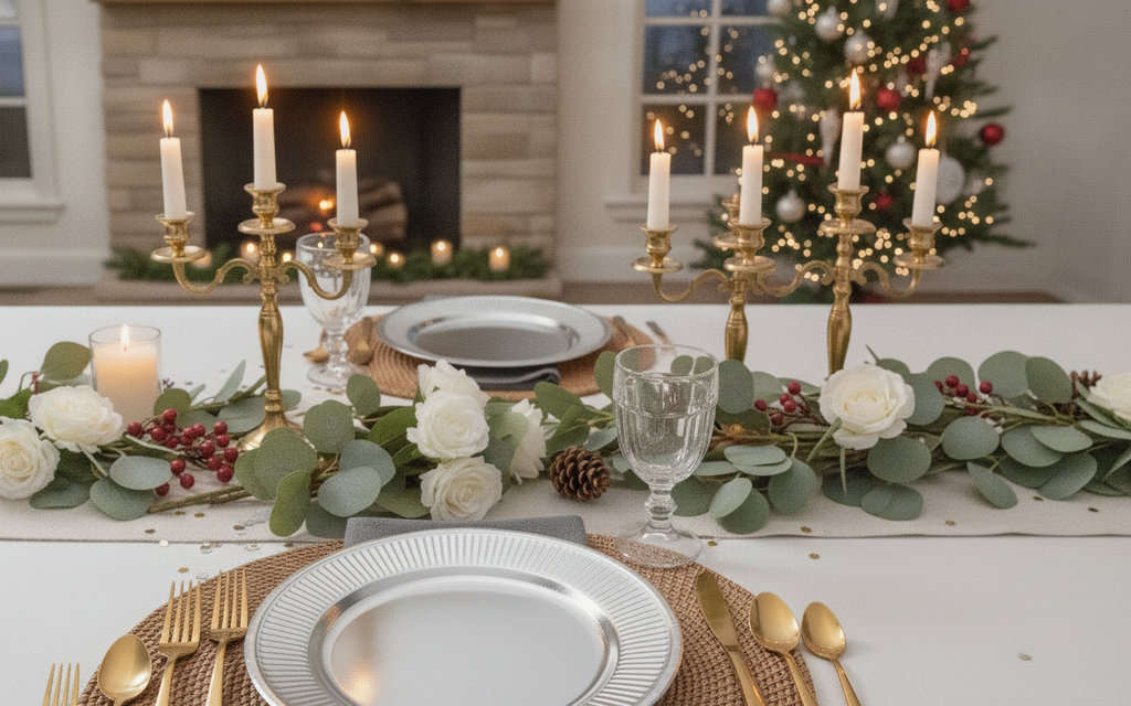 Holiday dinner table place setting with smooth silver paper plates, candles and garland