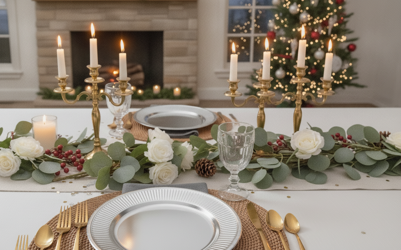 Holiday dinner table place setting with smooth silver paper plates, candles and garland