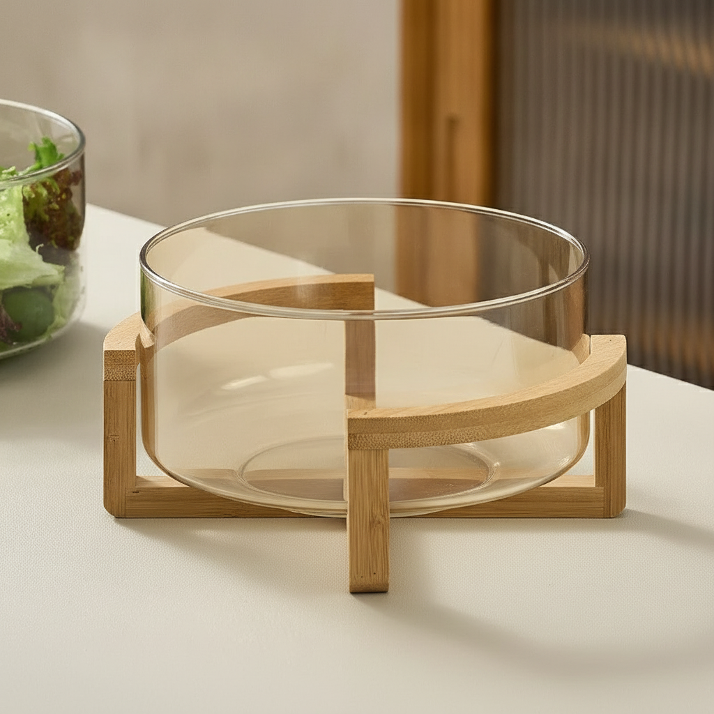 Close-up of the clear glass cylinder resting in the curved crossed acacia-wood cradle