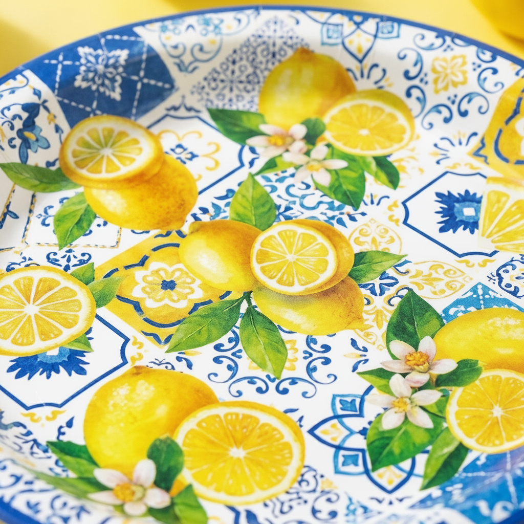 Macro close-up of a yellow lemon and blue Mediterranean party plate print