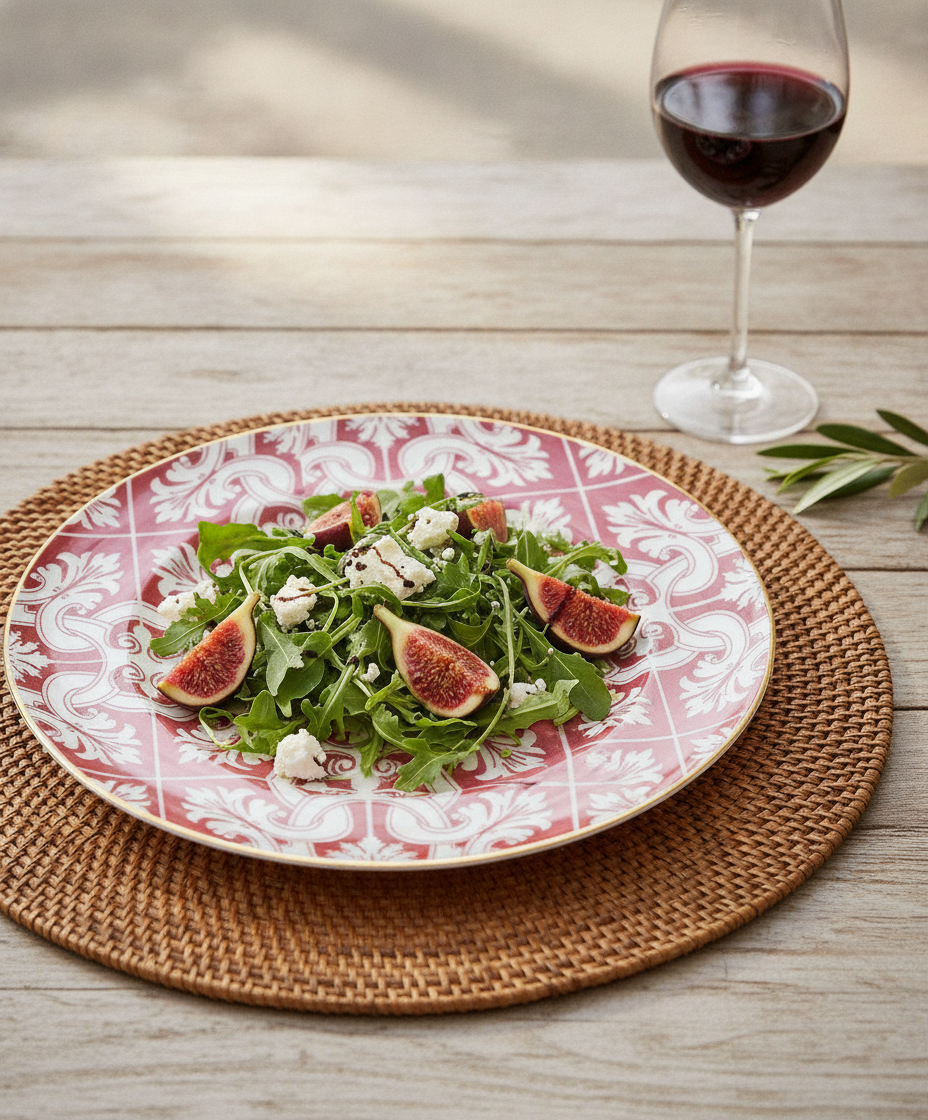 Red mosaic ceramic dinner plate styled with fig salad on a rattan placemat and red wine
