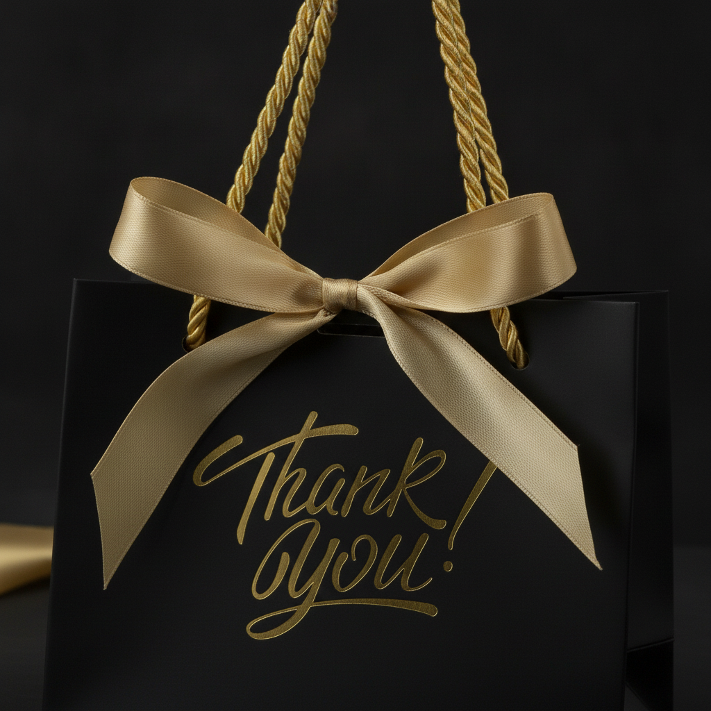Macro detail of the gold satin bow and gold-foil thank you script on a black gift bag