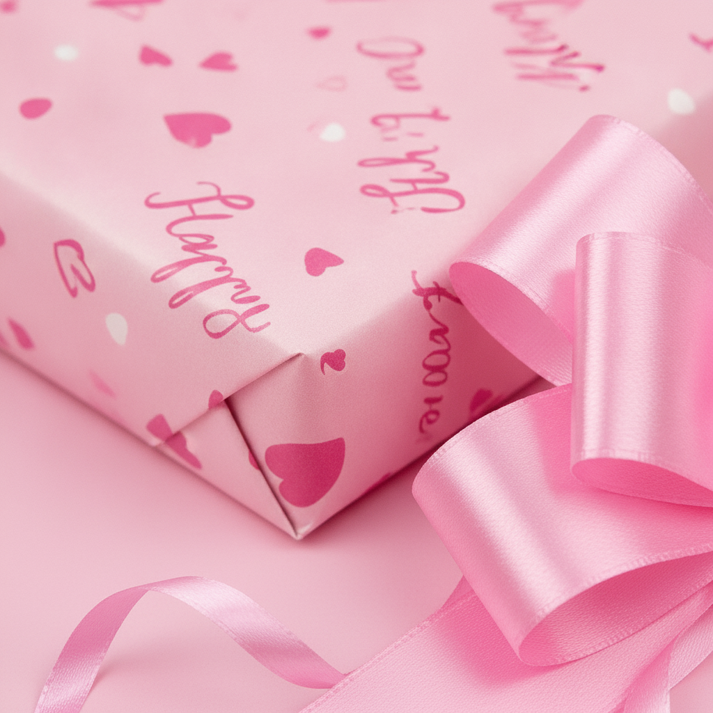 Macro of a wrapped present corner showing the pink heart and love-script print with a pink bow