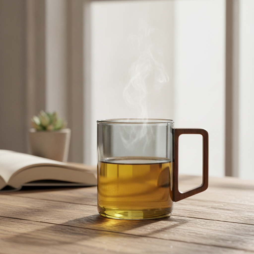 Borosilicate glass mug filled with hot tea on a cozy cafe table