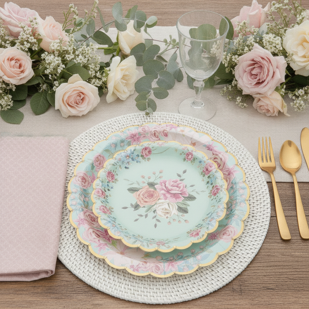 Vintage floral gold-rim scalloped paper plates overhead tea-party setting with gold cutlery and roses