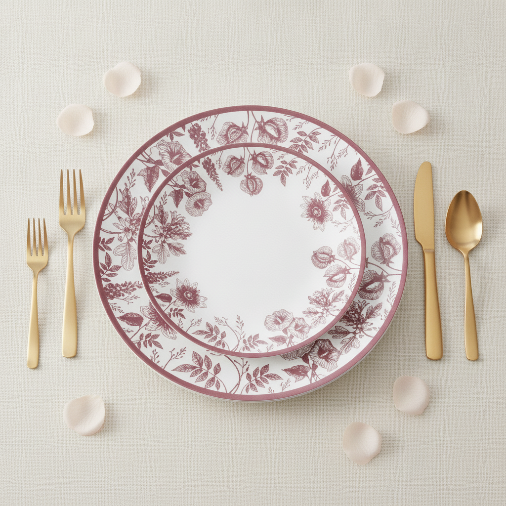 Overhead flat-lay of stacked pink floral disposable plates with gold cutlery