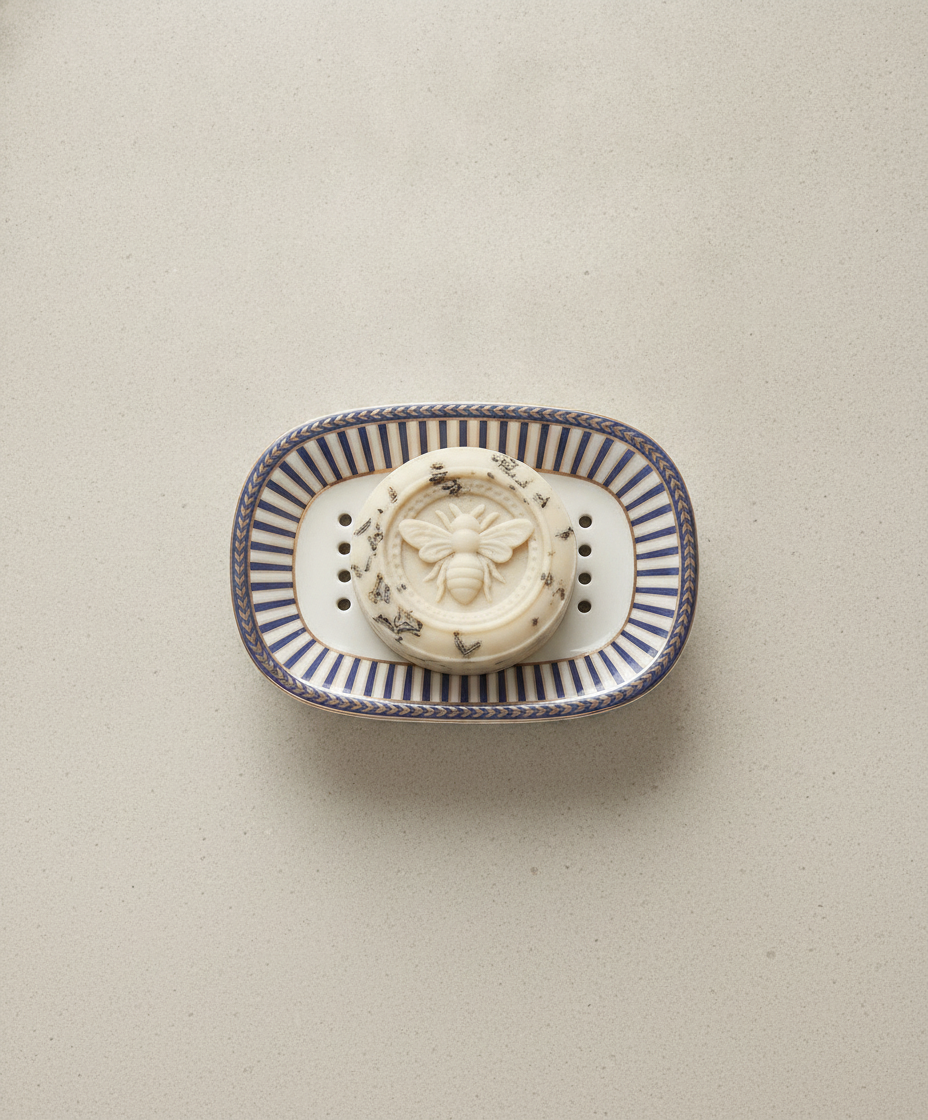 Overhead view of the striped ceramic soap dish showing the perforated draining base
