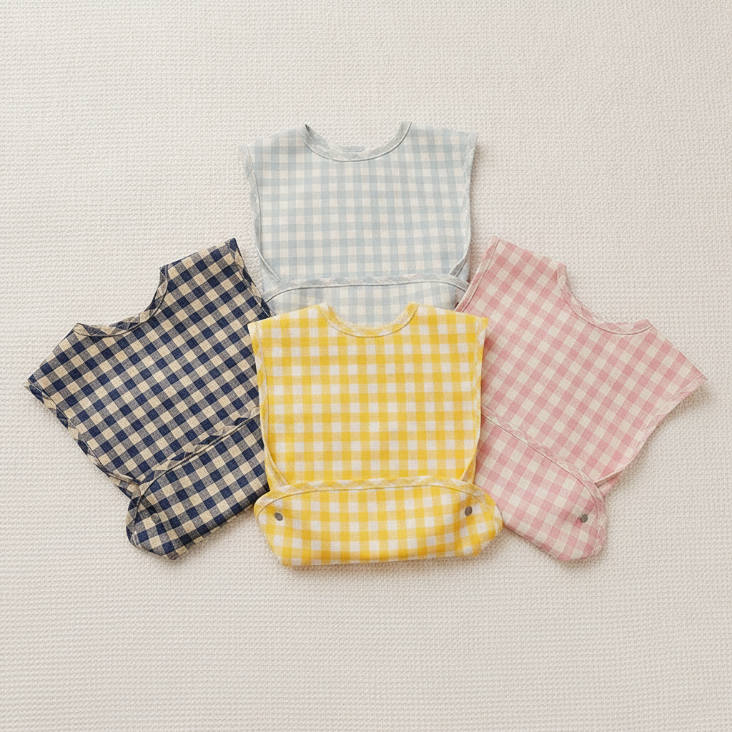 Four gingham feeding smock bibs in navy, sky blue, yellow and pink — Maison's Kitchen