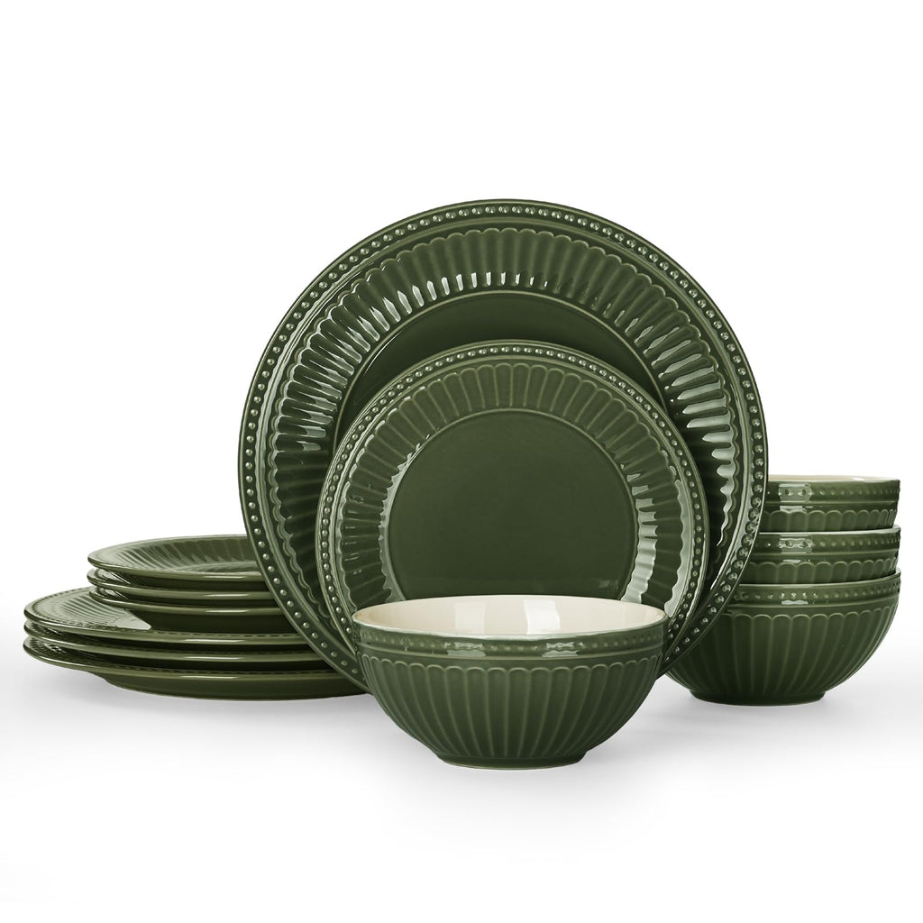 Garden Embossed Stoneware Dinnerware Set, 12-Piece, Green