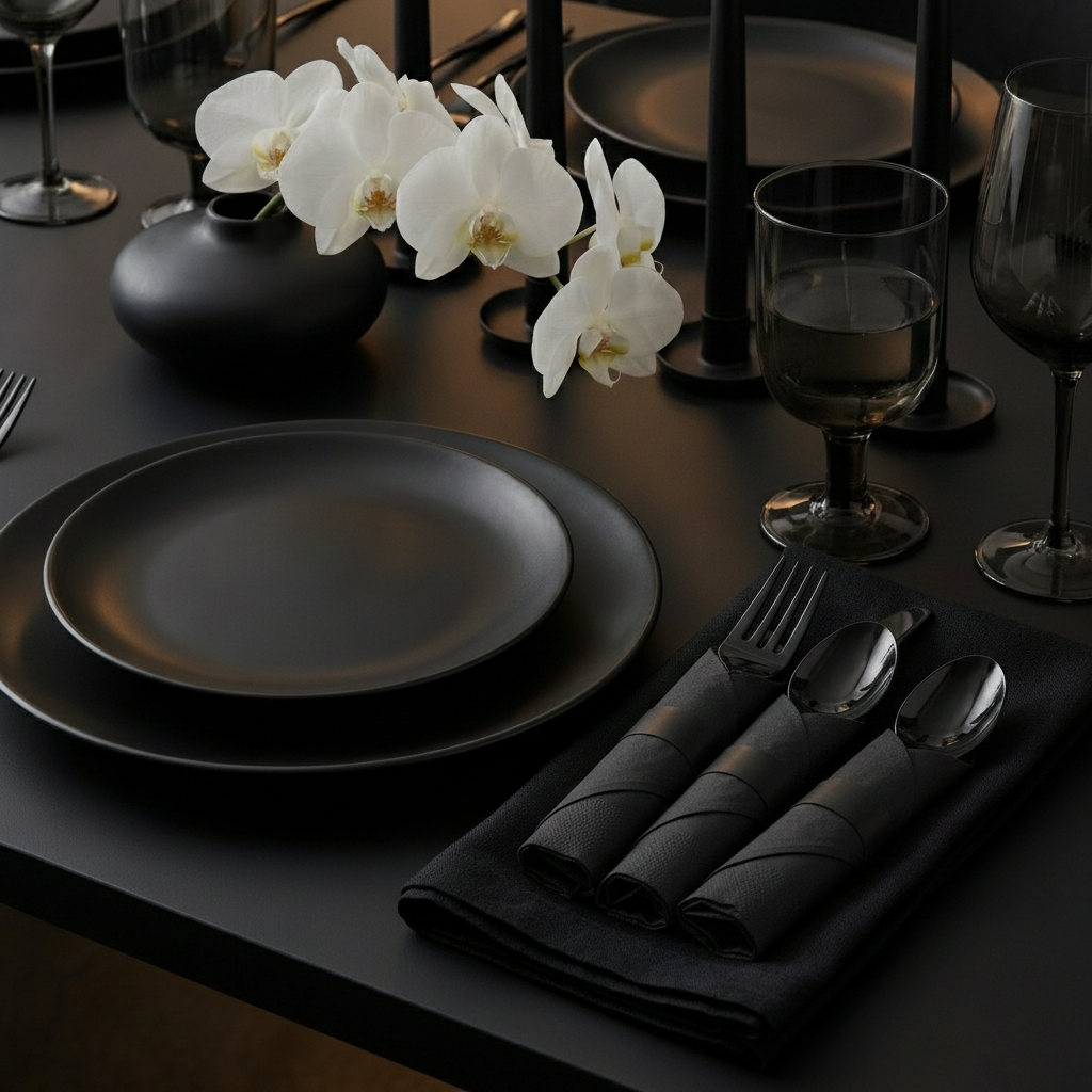 Modern dark dinner table set with pre-rolled black cutlery black napkins orchids and candles