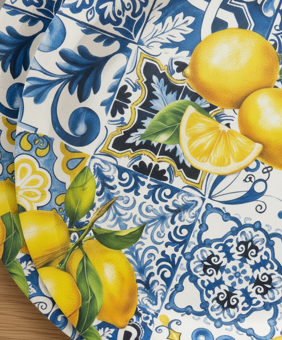 Macro close-up of blue majolica tile and lemon print on matte disposable paper party plate