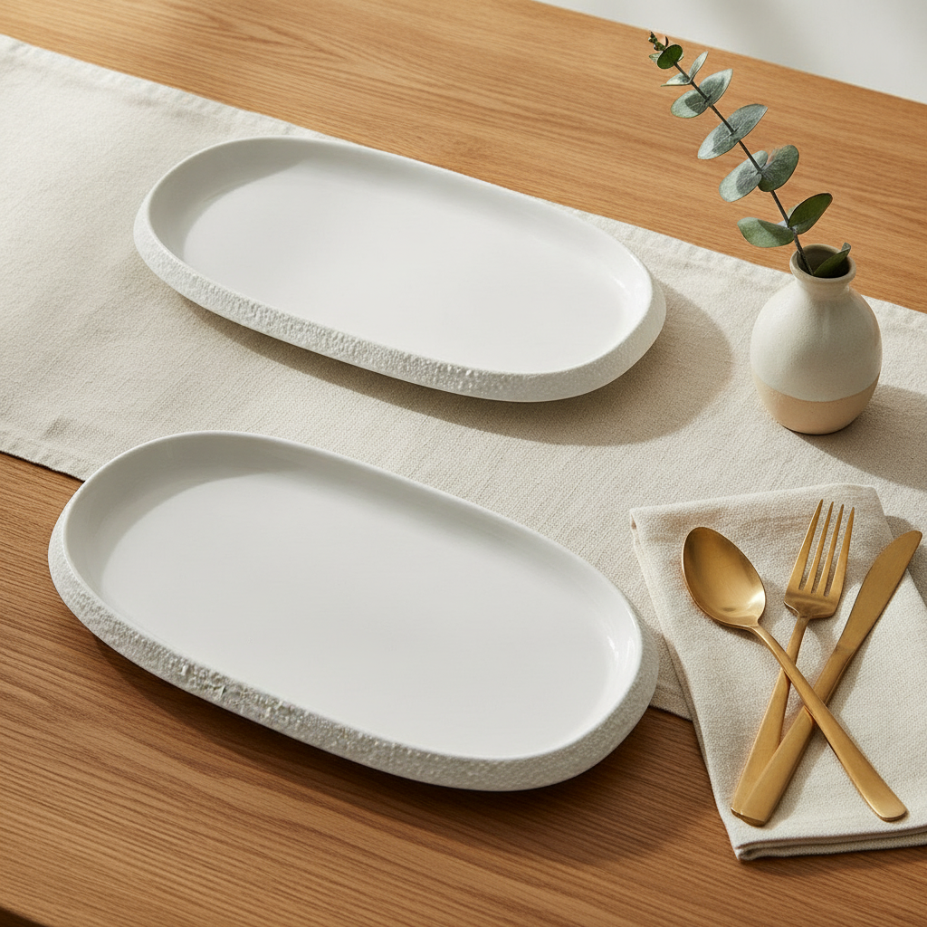 Two Ovale stone-edge porcelain platters styled on a linen runner with gold cutlery