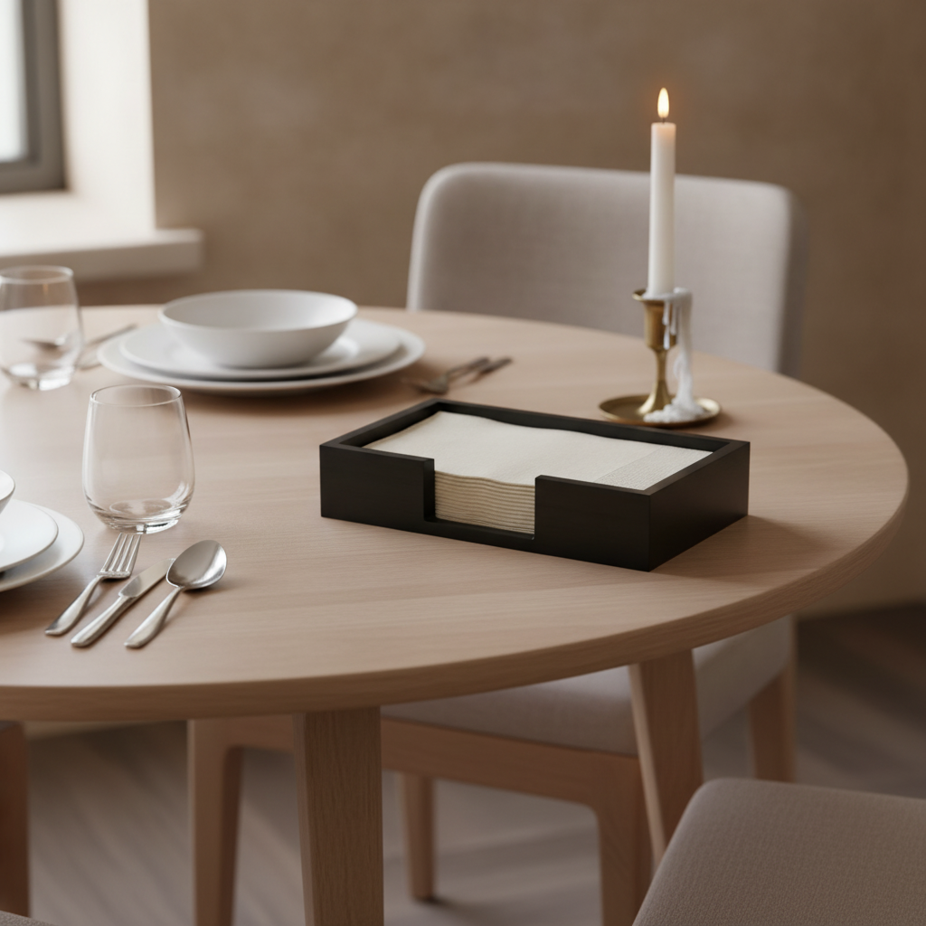 Black bamboo napkin holder tray styled on a modern dinner table with candle and dinnerware