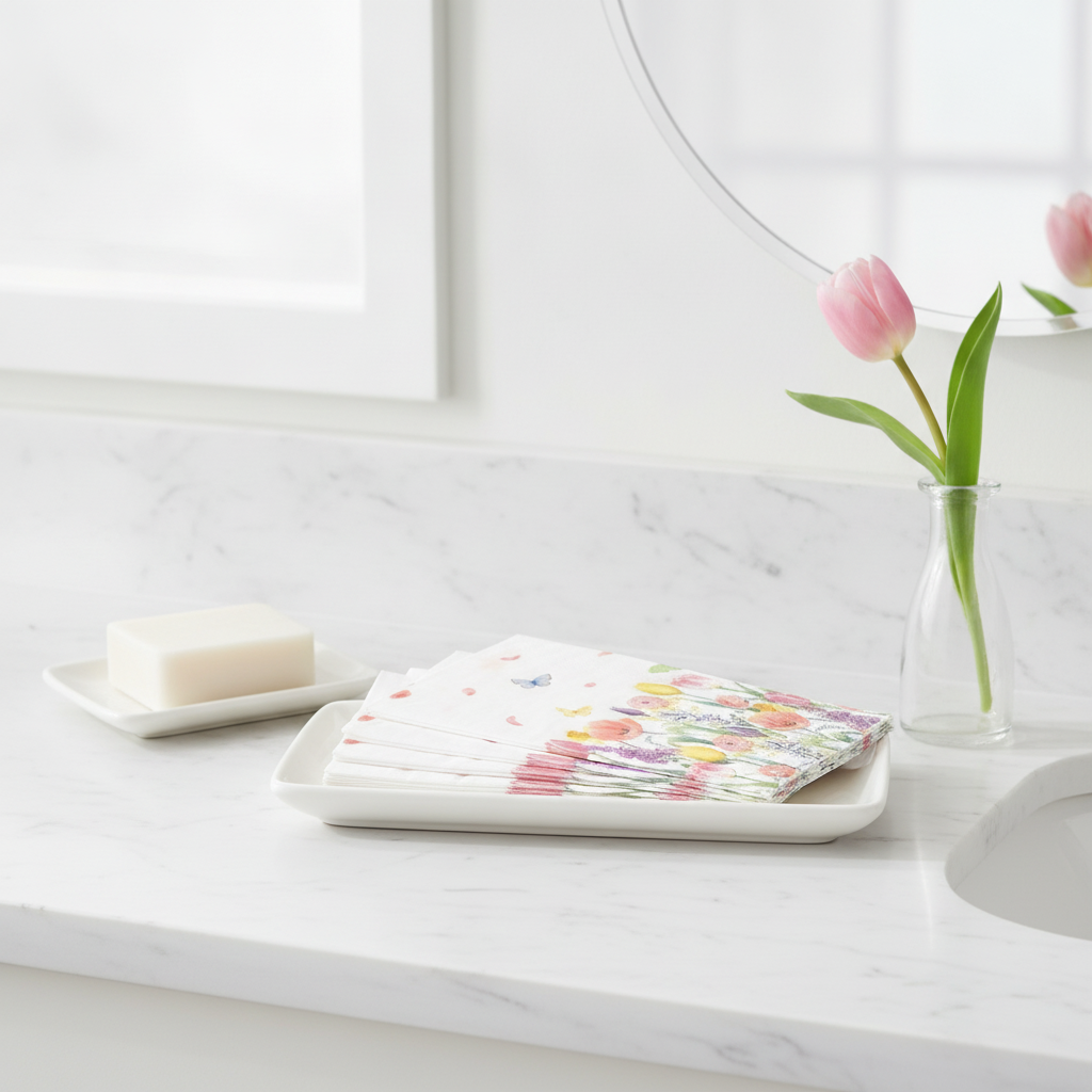 Rectangular tulip spring paper guest hand towels stacked on a white tray in a bathroom vignette