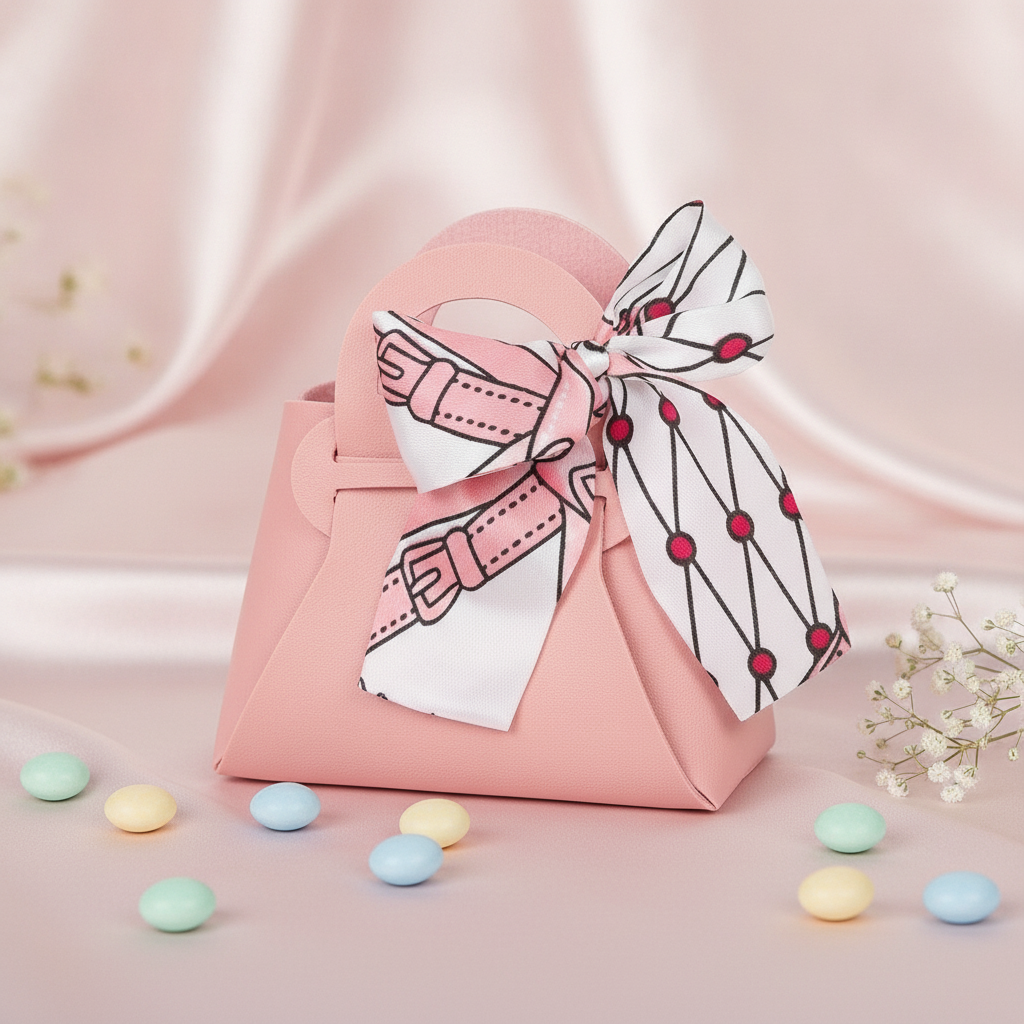 Pink PU leather handbag favor box with silk scarf bow on blush satin with candies