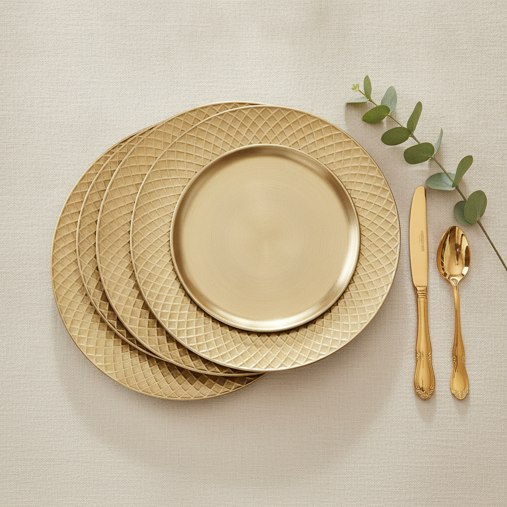 Overhead flat-lay of fanned antique gold charger plates with gold cutlery