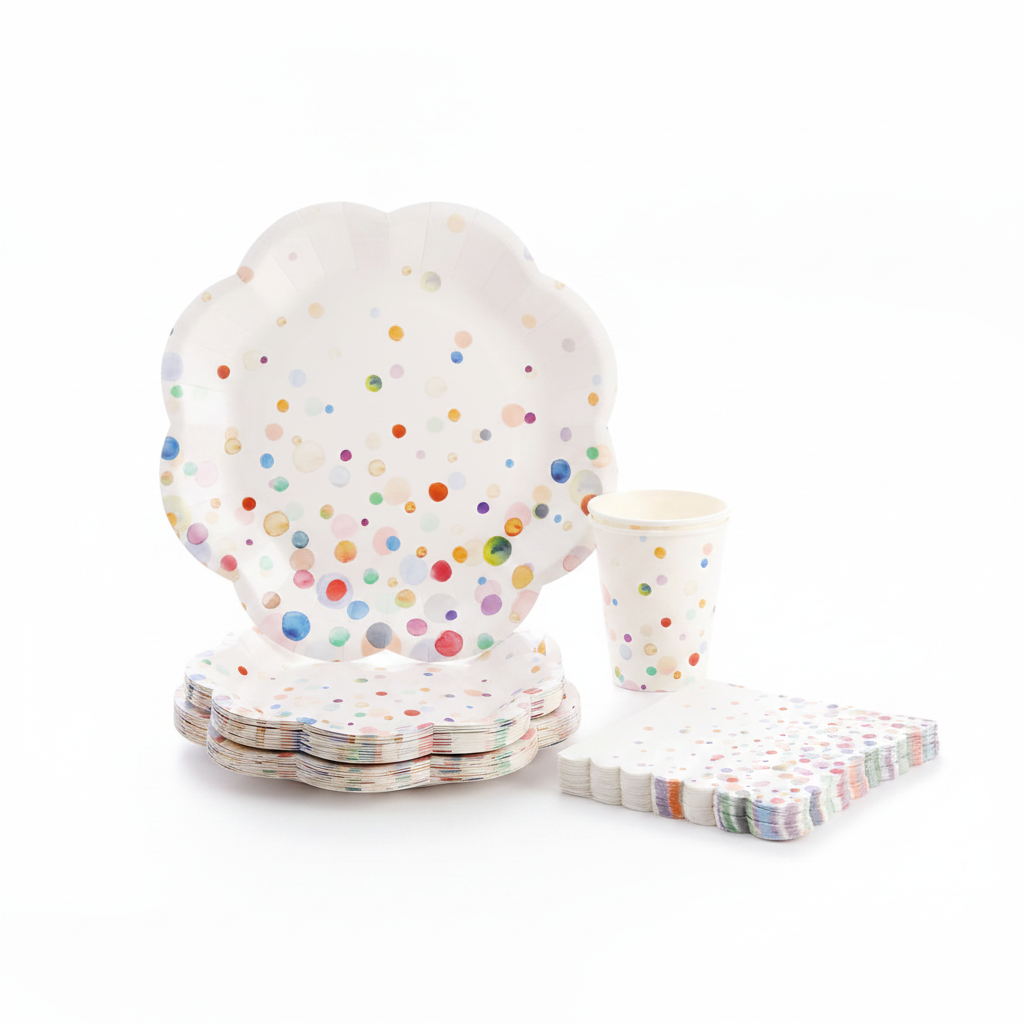 Stack of colorful confetti polka-dot scalloped paper plates with a cup on white