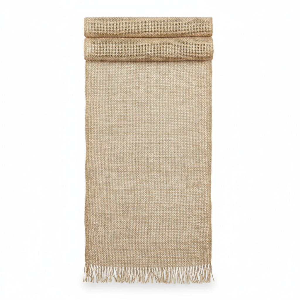 Natural jute burlap table runner draped on a white background showing the open weave and frayed fringe