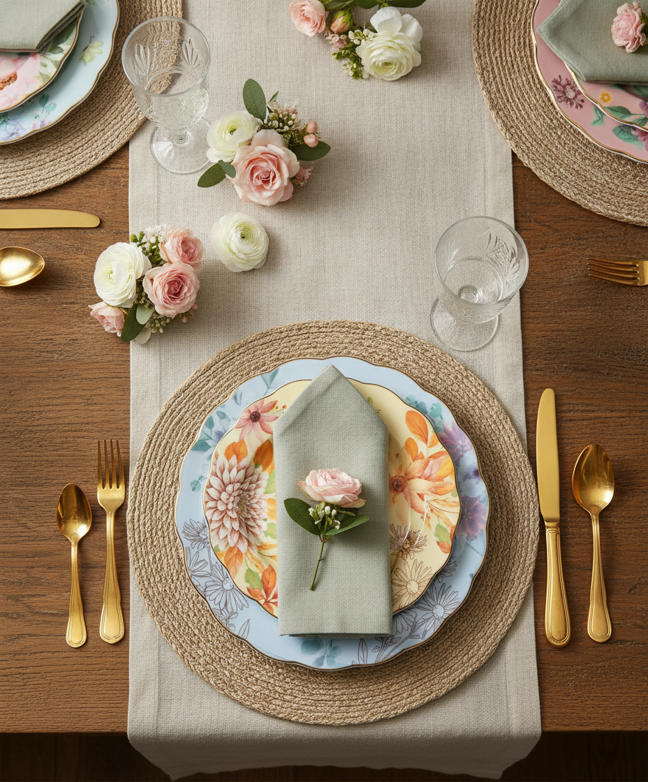 Floral botanical porcelain plate place setting on a vintage cottage afternoon-tea tablescape