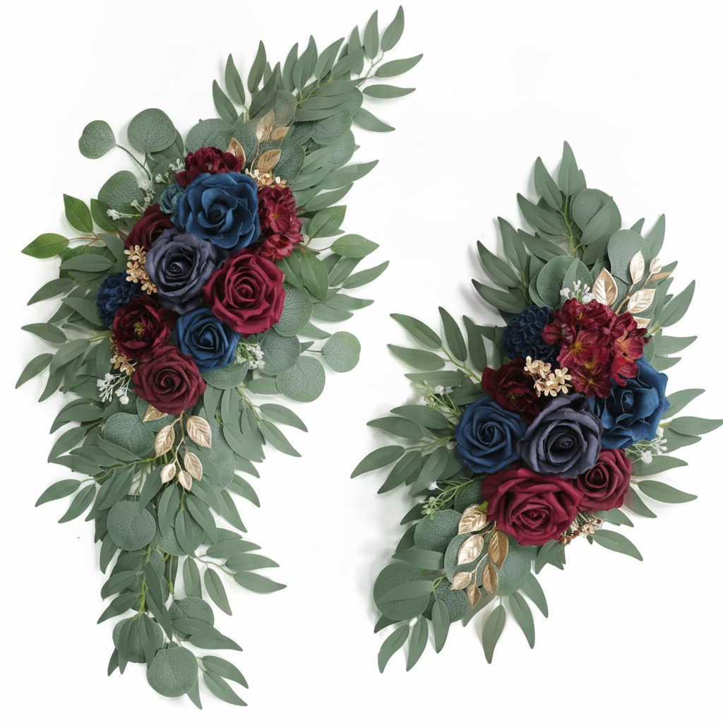 Set of 2 navy blue, burgundy and gold wedding arch flower swags on white background