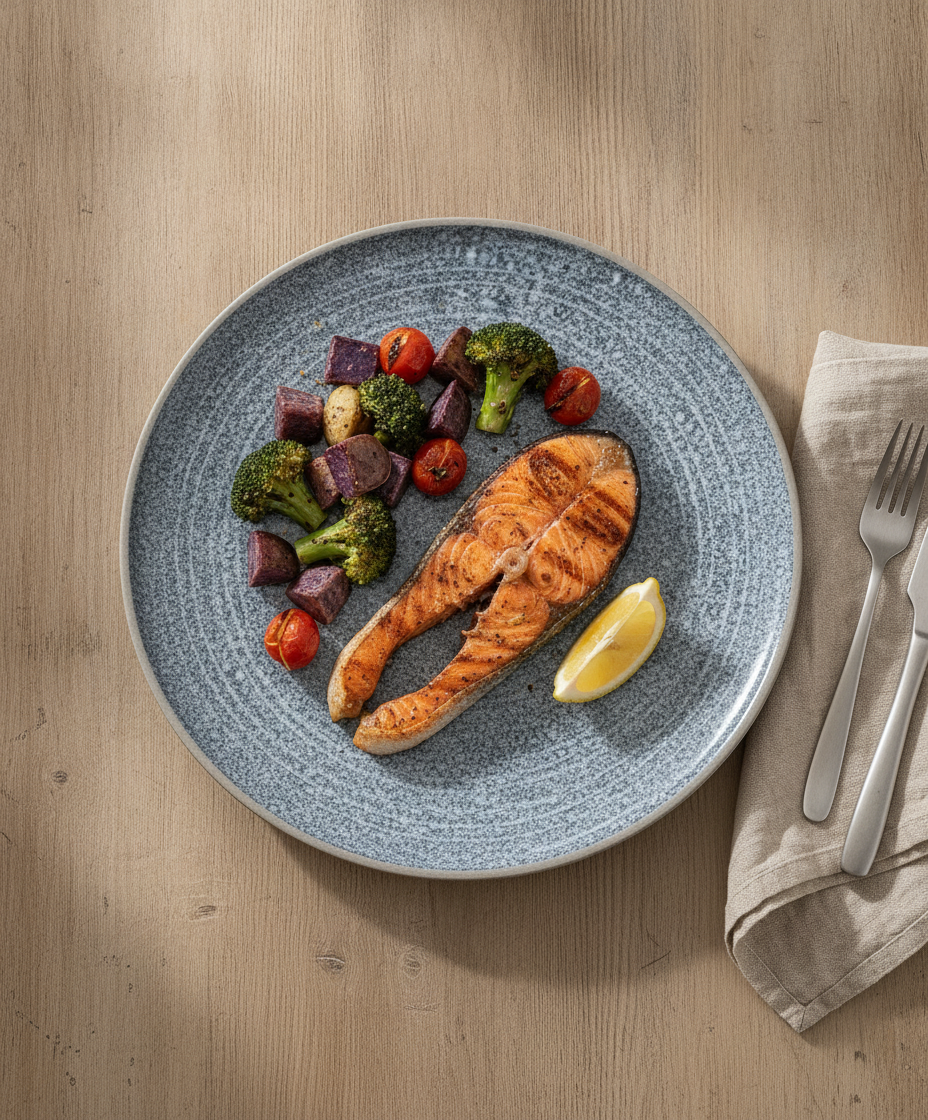 Blue-grey speckled porcelain plate plated with salmon and vegetables, overhead