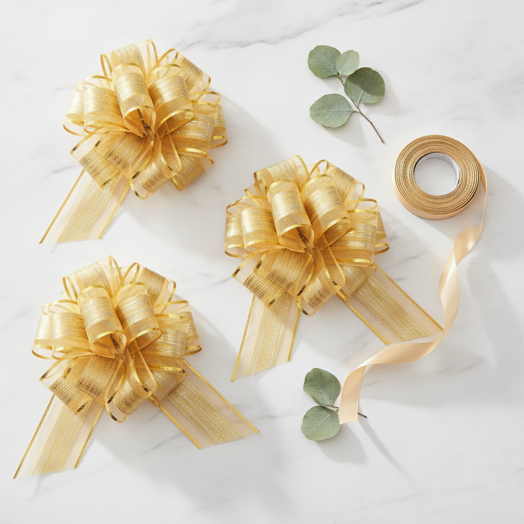 Gold organza pull bows flat-lay with ribbon and eucalyptus