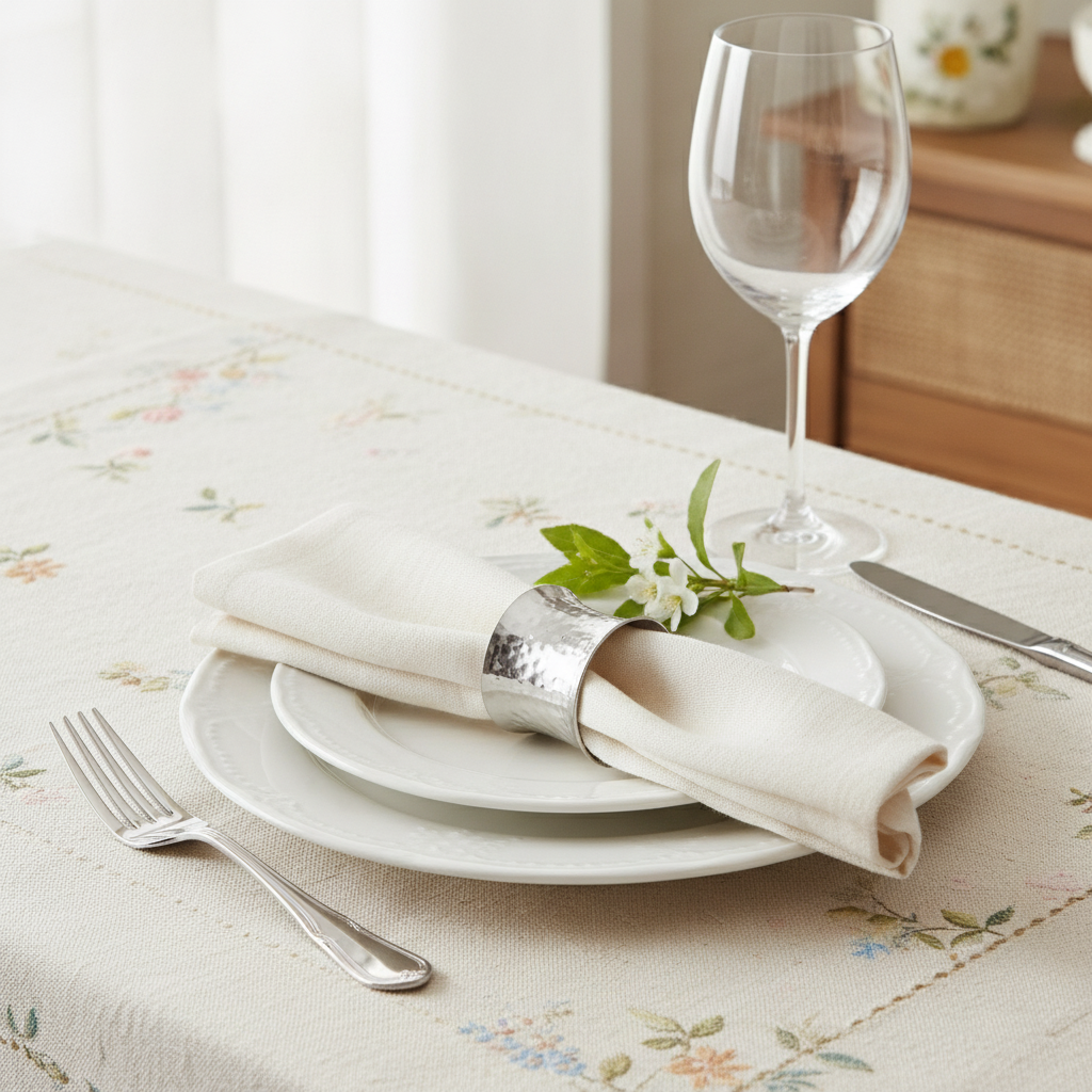 Folded linen napkin held by a silver beaded napkin ring in an elegant place setting