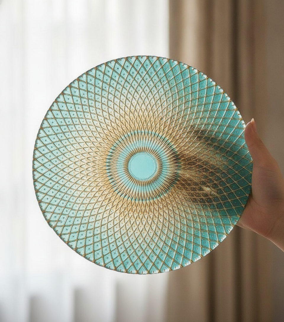 Hand holding the transparent teal glass plate to the light, gold lattice pattern glowing