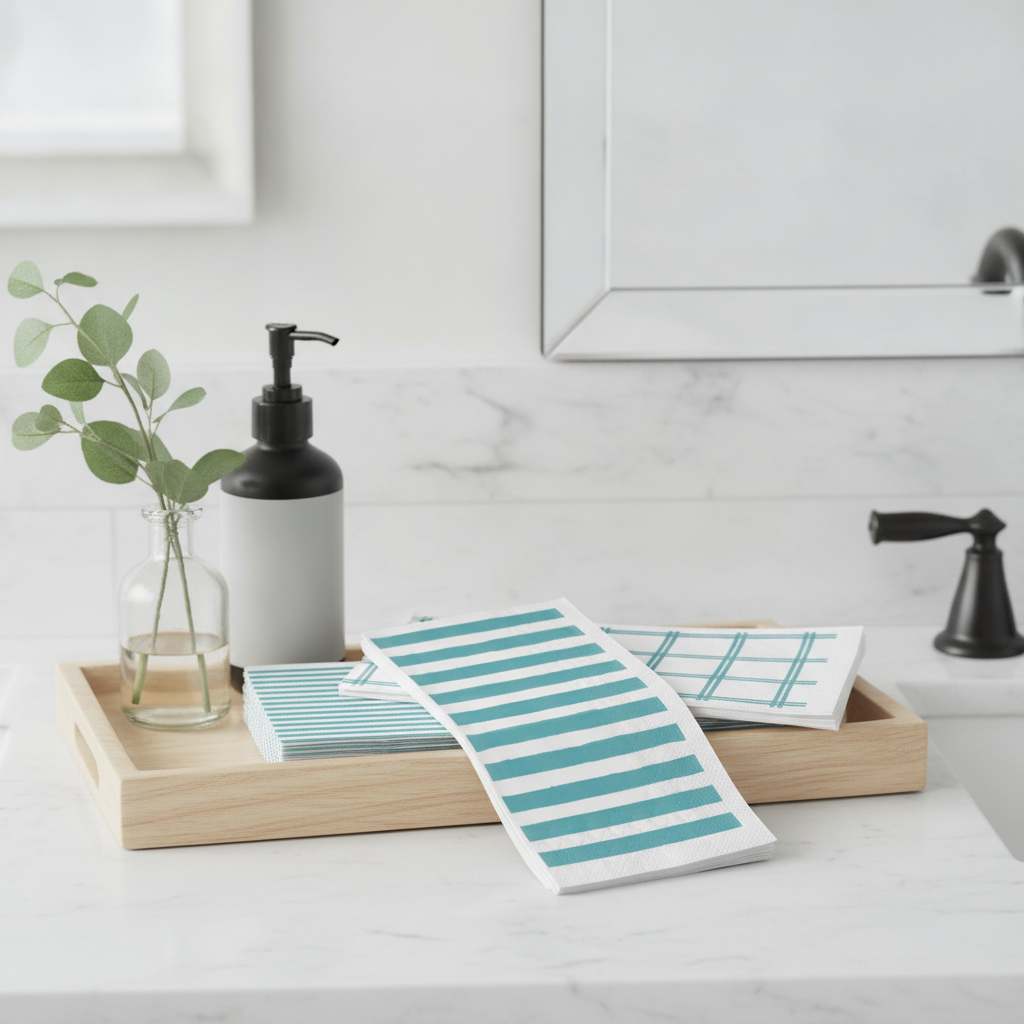 Disposable paper guest towels folded on a wooden tray on a styled bathroom counter