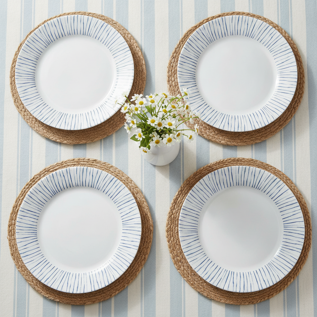 Overhead flat-lay of three indigo stripe glass dinner plates on woven placemats and a striped runner