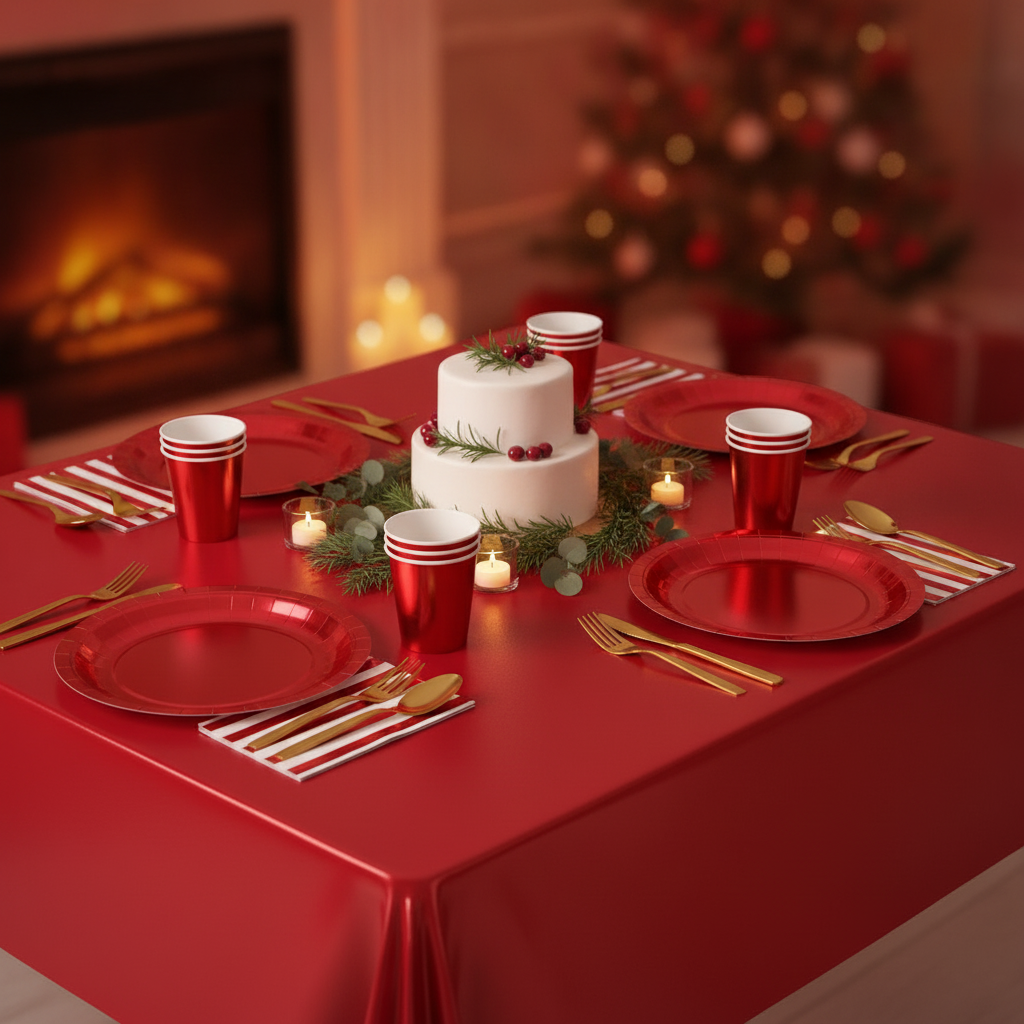 Festive holiday tablescape with shiny red paper dinnerware and gold cutlery