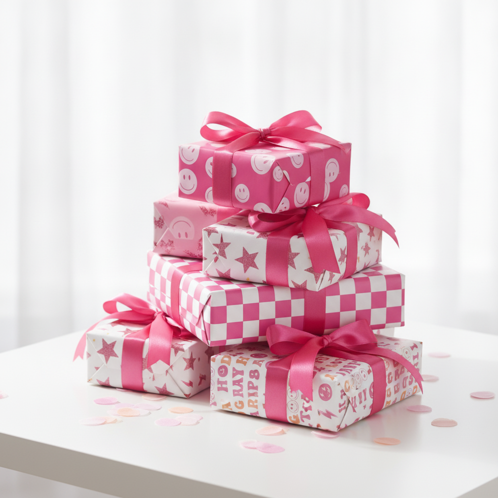 Stack of birthday gifts wrapped in pink preppy smiley, checkerboard and star wrapping paper
