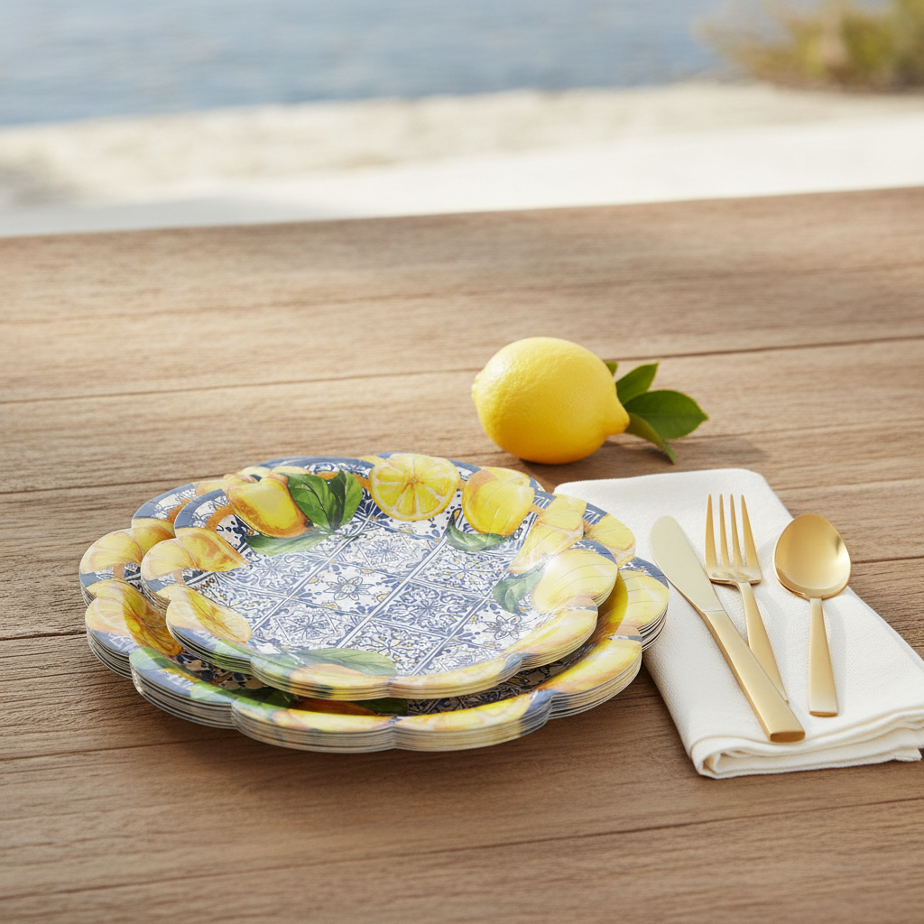 Place setting with stacked Capri lemon paper plates, gold cutlery and a fresh lemon on a sunny table