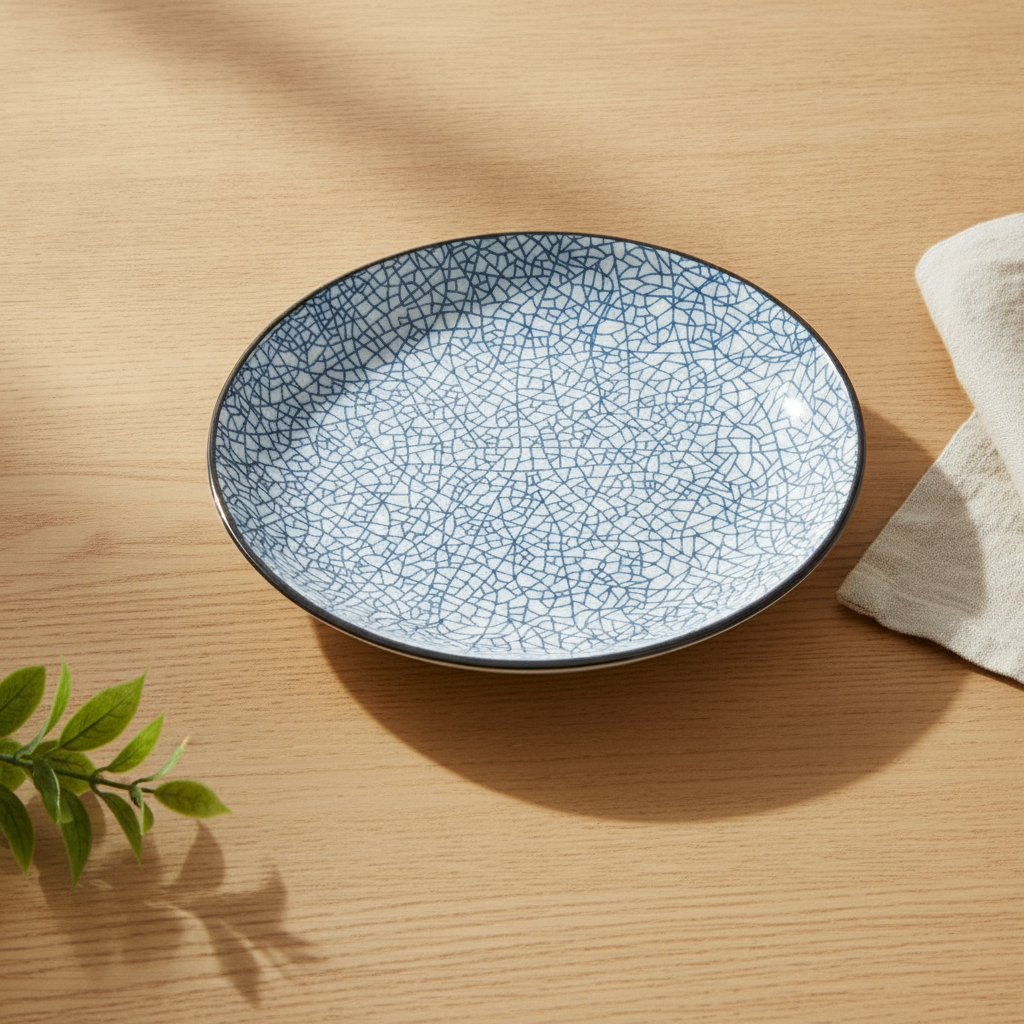 Ice Crack pattern Japanese porcelain plate, fine blue cracked-ice lines on white glaze