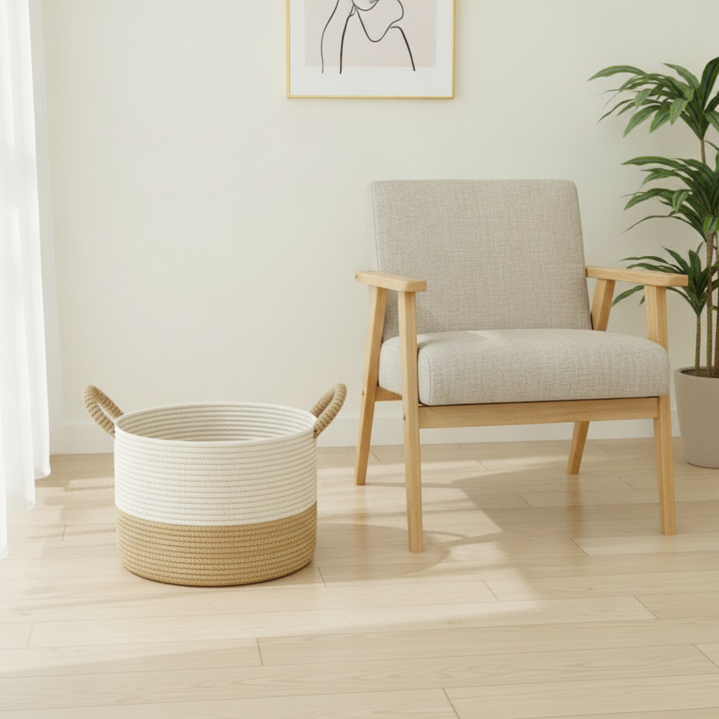 Cotton rope storage basket in a modern bedroom corner beside a linen armchair