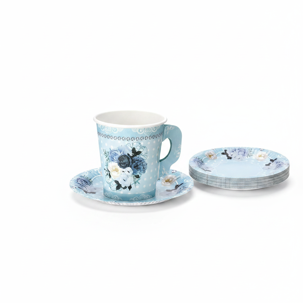 Powder blue floral paper tea cup with handle on matching saucer, disposable tea party set