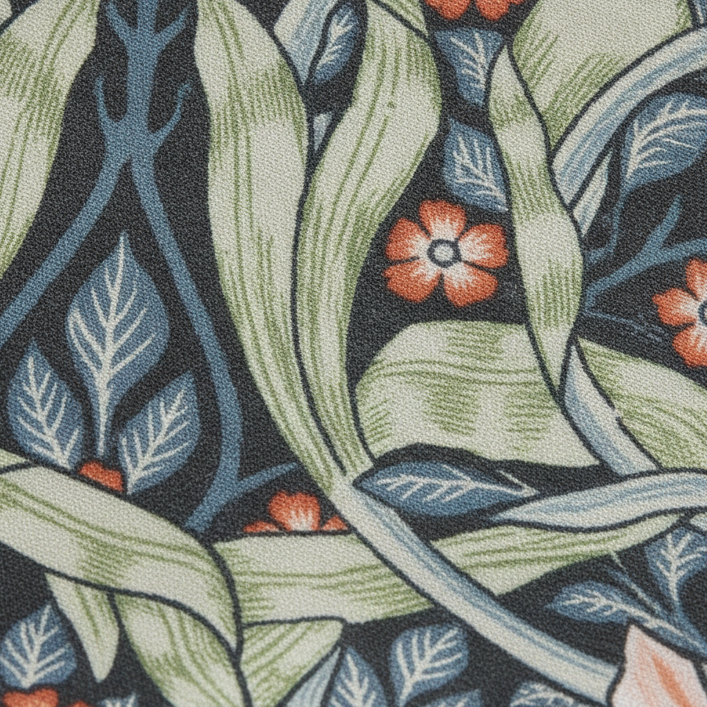 Macro detail of the ornate green and cream vintage botanical print on a microfiber tea towel