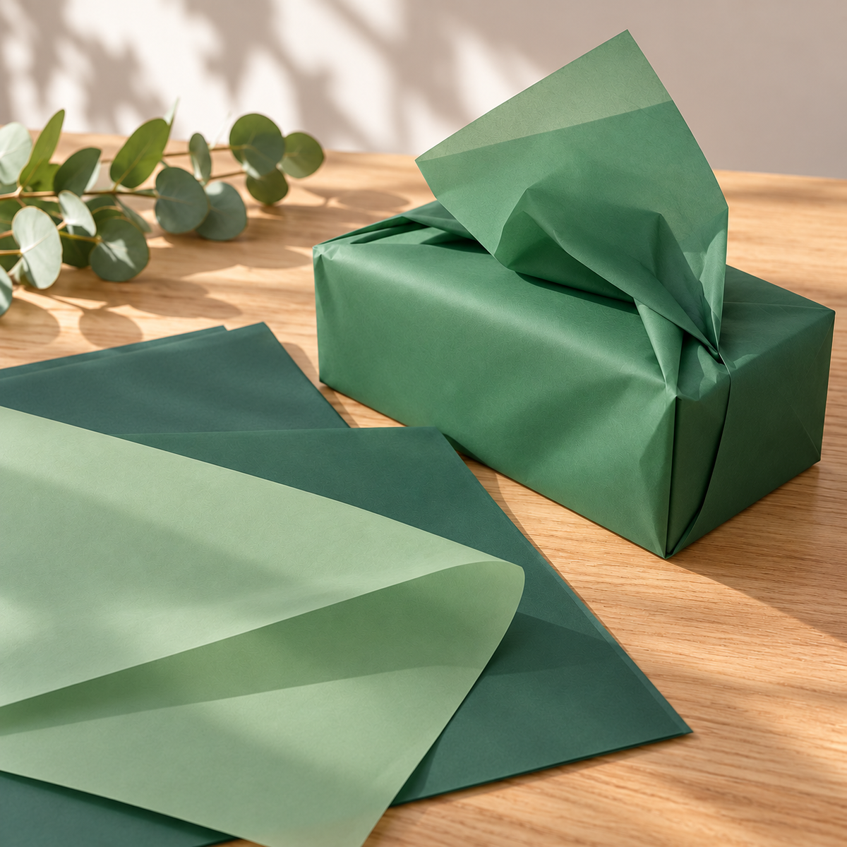 Three-shade green tissue paper sheets — gift wrapping in progress. Styling props not included.